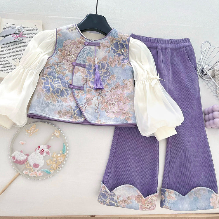 Girls' Autumn Vest Bottoming Shirt and Flared Pants Three-piece Set