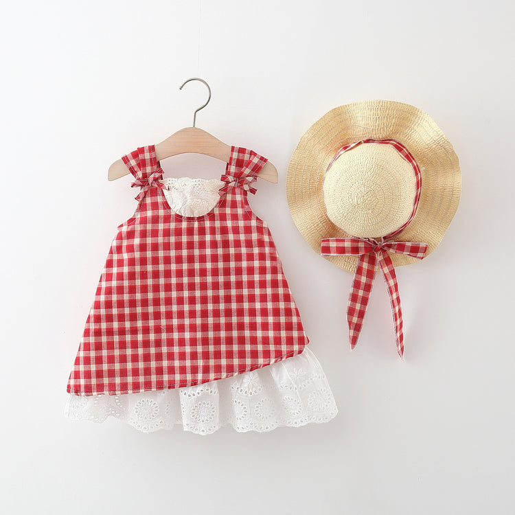 Girls Summer Lace Plaid Sleeveless Dress
