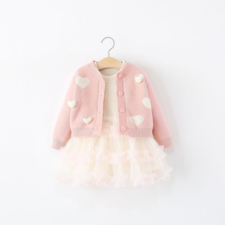 Girls Autumn Heart Sweater Cardigan Cake Princess Dress Two-Piece Set