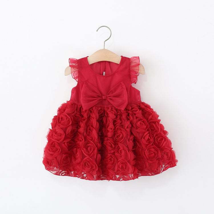 Summer Girls Bowknot Rose Flower Flying Sleeve Dress