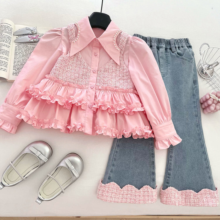 Girls' Fake Two-Piece Shirt Vest Lace Jeans Two-Piece Set