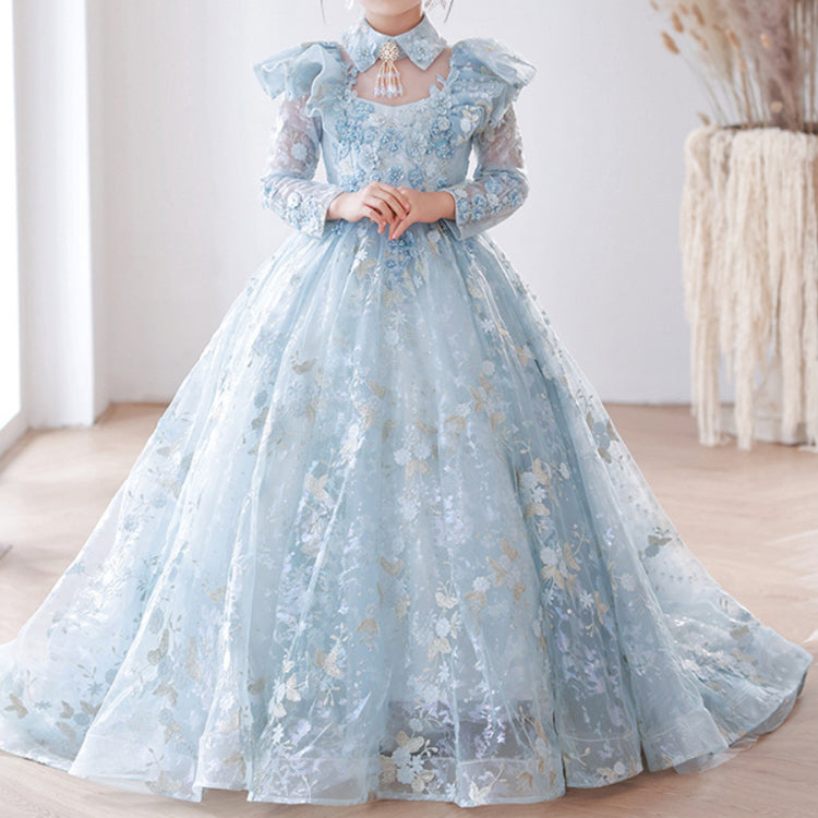 Girls Blue Birthday Party Dress Flower Girl Wedding Princess Dress