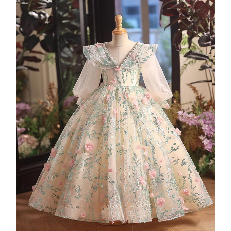 Girls Prom Long Sleeve Dress Children's Birthday Princess Dress