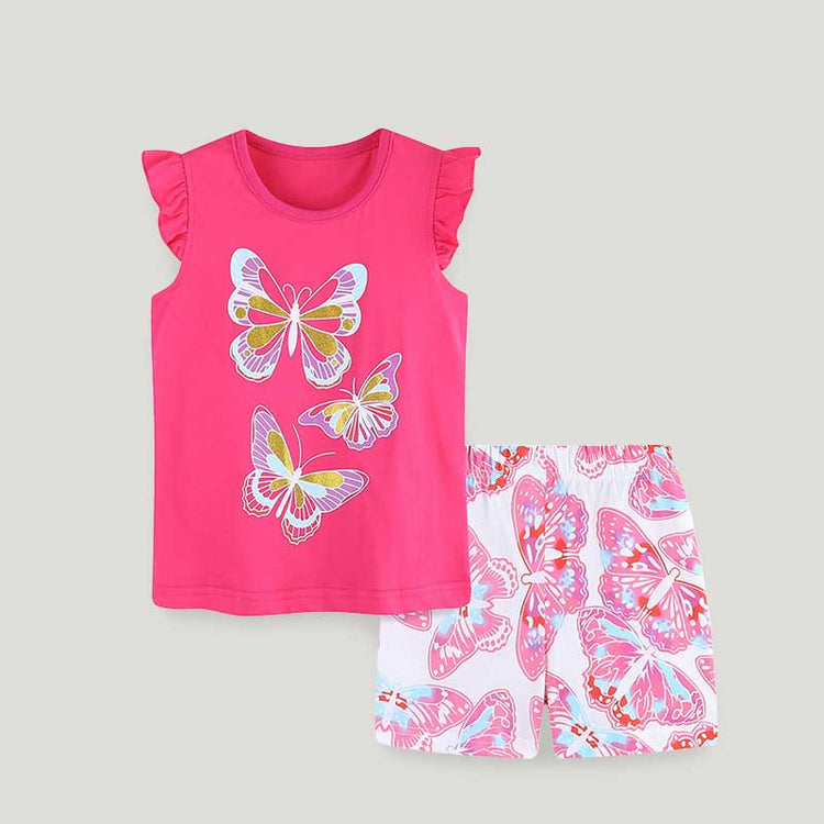 Girls Short Sleeve Suit Summer Butterfly Print T-shirt Two-piece Suit