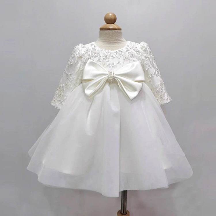 Cute Baby White Sequin Bow High Waist Puffy Dress Toddler Flower Girl Dresses