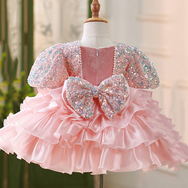 Elegant Baby Sequined Pink Flower Girl Wedding Dress Puffy Dress Toddl ...