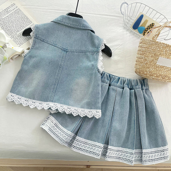 Girls Summer New Sleeveless Lace Denim Vest Skirt Two-piece