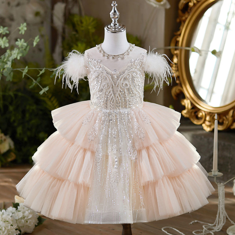 Girls Birthday Gorgeous Princess Dress Flower Girl Wedding Feather Dress