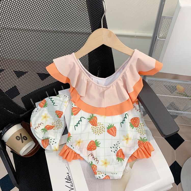Girls Summer Cute Strawberry Princess One-Piece Swimsuit