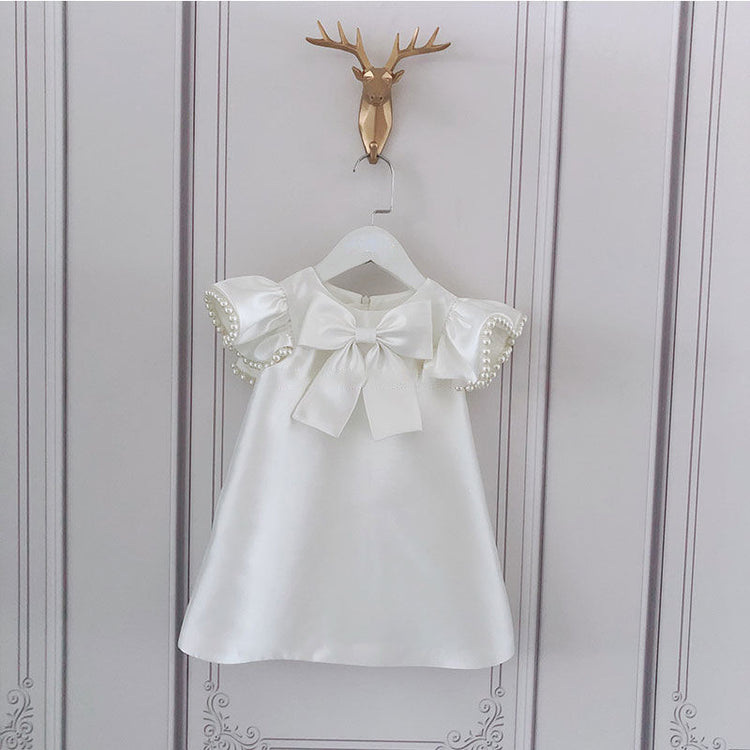 Girls Bow Cuff Pearl Birthday Party Formal Princess Dress