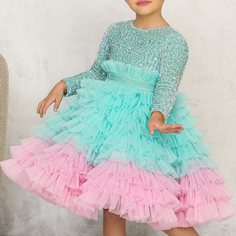 Elegant Toddler Long Sleeves Christmas Dress Baby Girl Multicolor Birthday Princess Dress