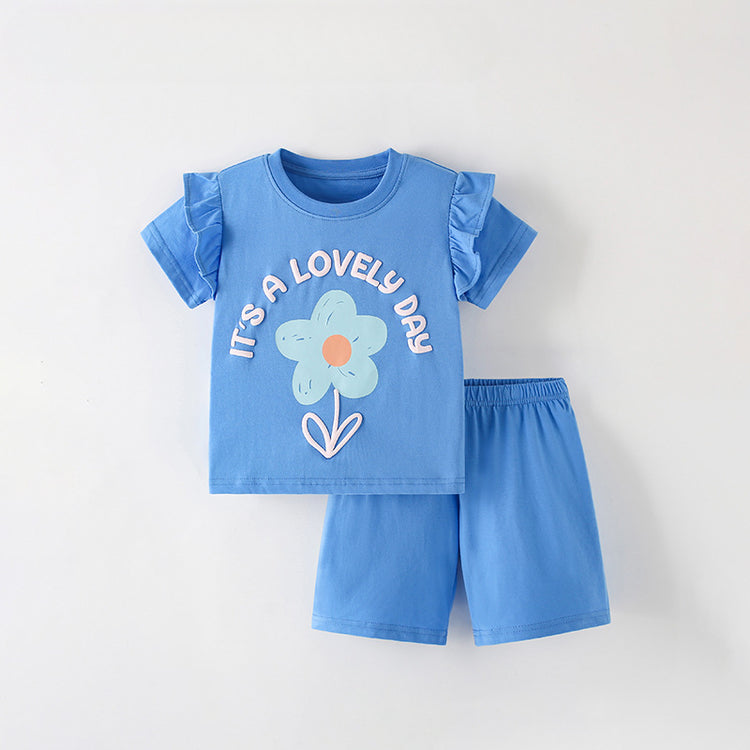 Girls Suit Summer New Round Neck Short Sleeve Shorts Two Piece Suit