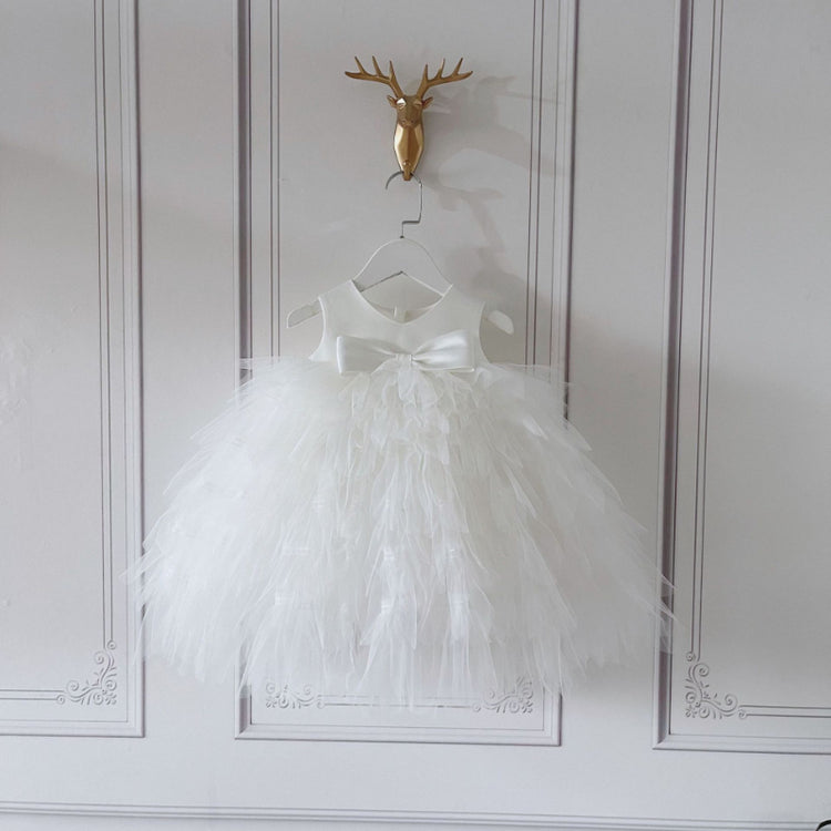 Elegant Baby Girl White V-neck Mesh One-Year-Old Princess Dress Toddler Birthday Party Dress