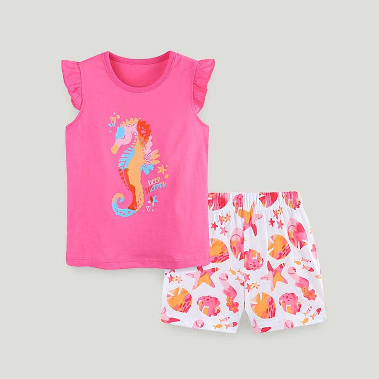 Summer New Girls Cartoon Seahorse Print Tops Shorts Two-piece Set