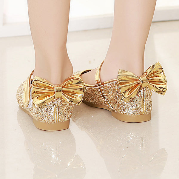 Girls Cute Flat Shoes Sequins Leather Shoes, Gold / EU 33