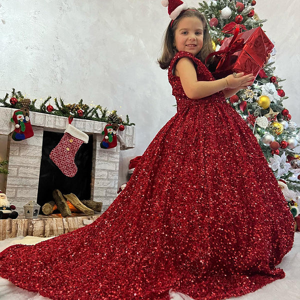 Girl Christmas Dress Luxury Red Sleeveless Trailing Sequins Fluffy Princess Communion Dress Girl Christmas Dress Luxury Red Sleeveless Trailing Sequins Fluffy Princess Communion Dress
