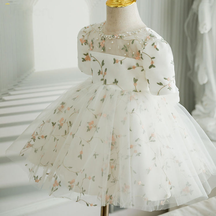 Flower Embroidered White Yarn Princess Dress