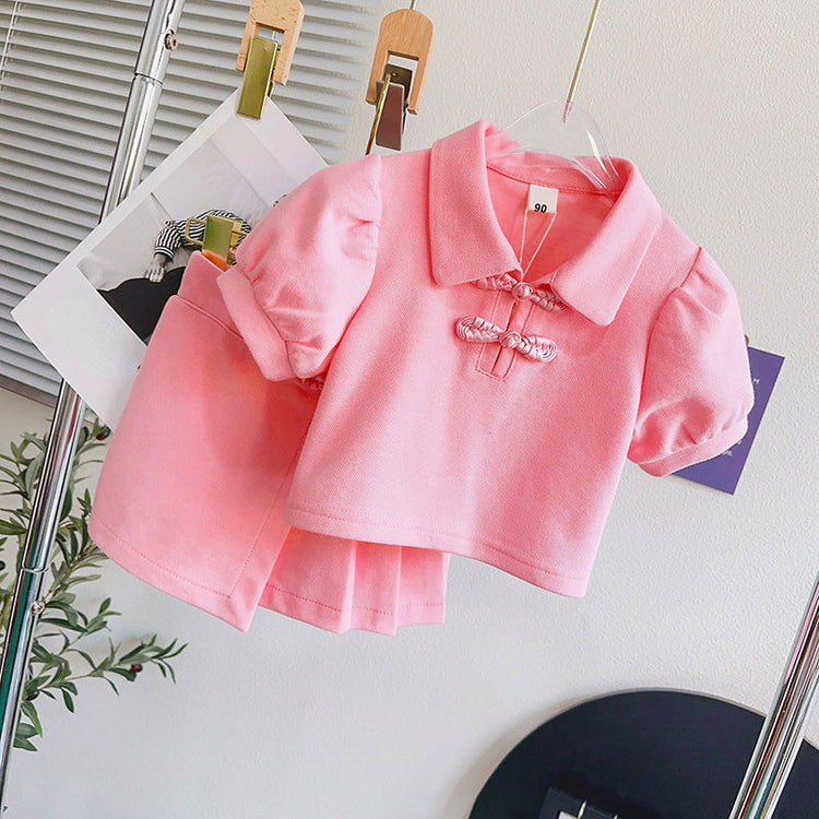 Girls' Square Collar Button-up Top Solid Color Short Skirt Two-piece Set