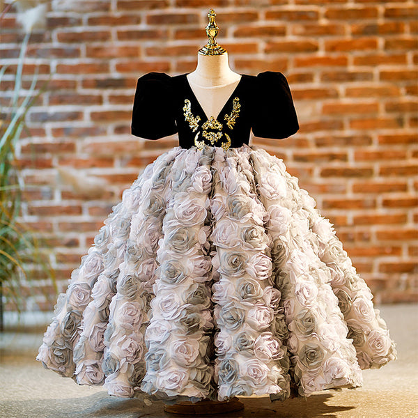 Flower Girl Dress Children Communion Birthday Party Vintage Floral Fluffy Princess Dress, Gray / 5-6 Years (130cm)
