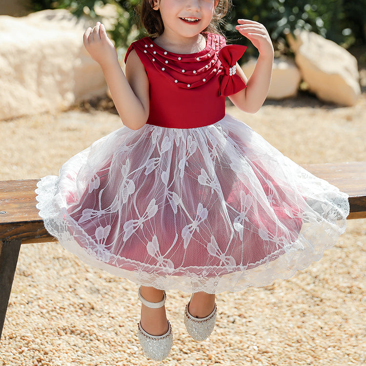 Baby Girl First Communion Dress Toddler Flower Beaded Bow Mesh Puffy Princess Dress