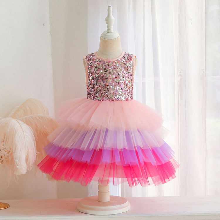 Toddler Flower Dress Baby Girl Summer Sleeveless Color Sequin Mesh Princess Dress