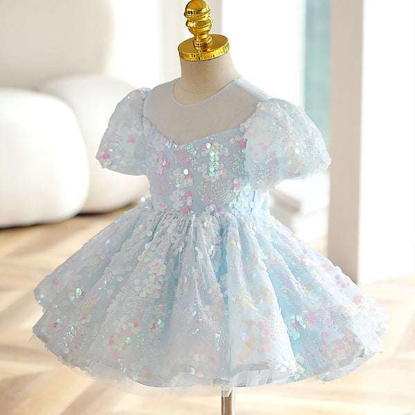 open lace back dress Baby Girl and Toddler Summer Blue Sequin Pageant Puffy Princess Party Dress, White / 9-10 Years (150cm)