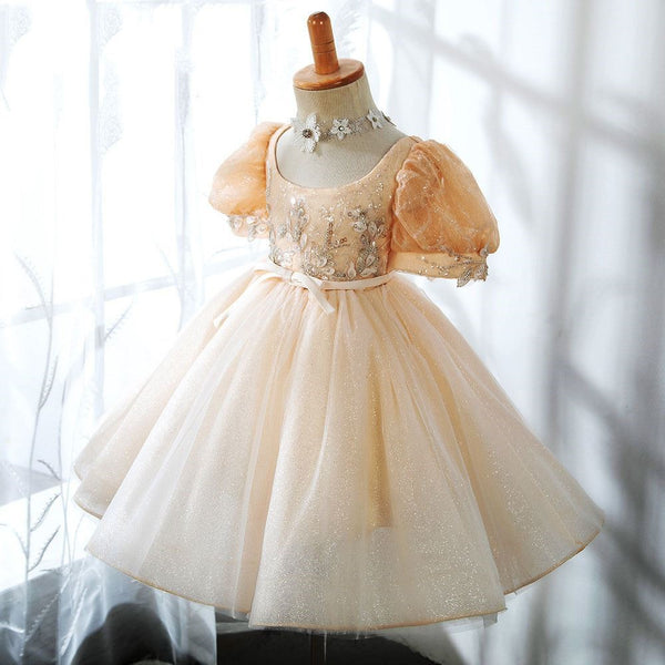 custom made birthday dresses Elegant Champagne Girl Dress Knee Length Kids Princess Birthday Gown D –  Jill Wish main image 1
