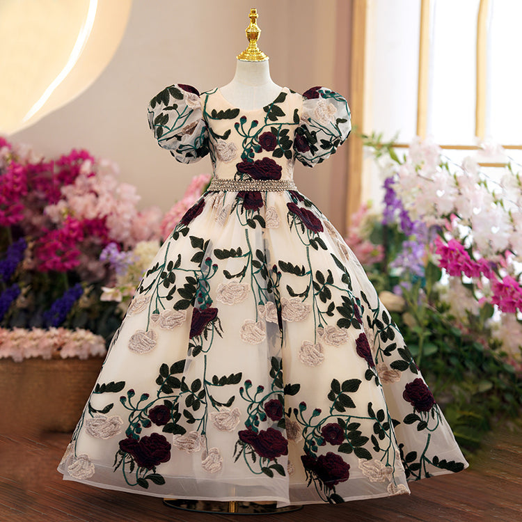 Baby Girl Dress Little Girl Communion Puff Sleeves Rose Embroidery Wedding Party Princess Dress