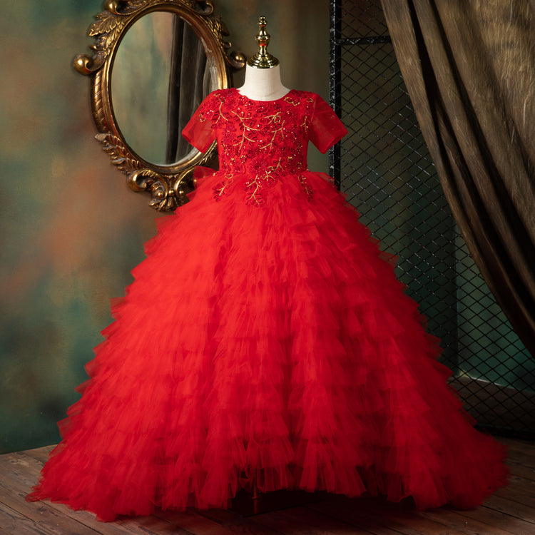 Girl Christmas Dress Toddler Communion Dress Children Red Fluffy Princess Birthday Tail Gorgeous Pageant Dress