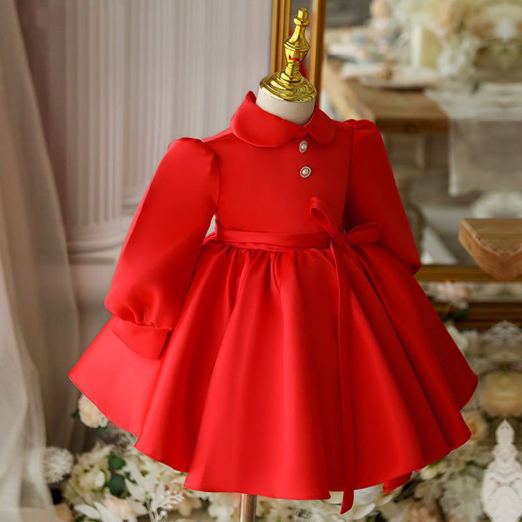 Baby Girl Birthday Party Dress Red Doll Collar Princess Dress