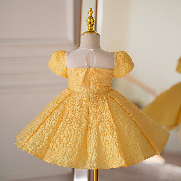 Baby Girl Princess Dress Yellow Puff Sleeve Beads Birthday Party