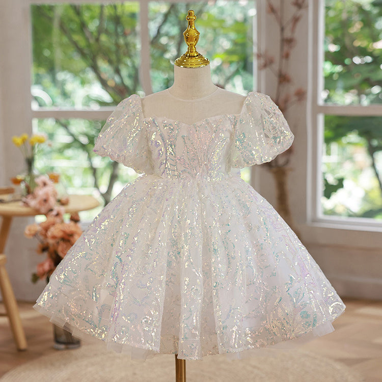 Baby Girl White Sequins Fluffy Yarn Performance Princess Dress
