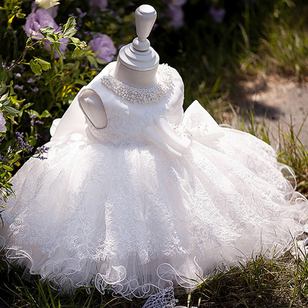 Babe 2 PCS Round Neck Sleeves Christening Dress with Bonnet
