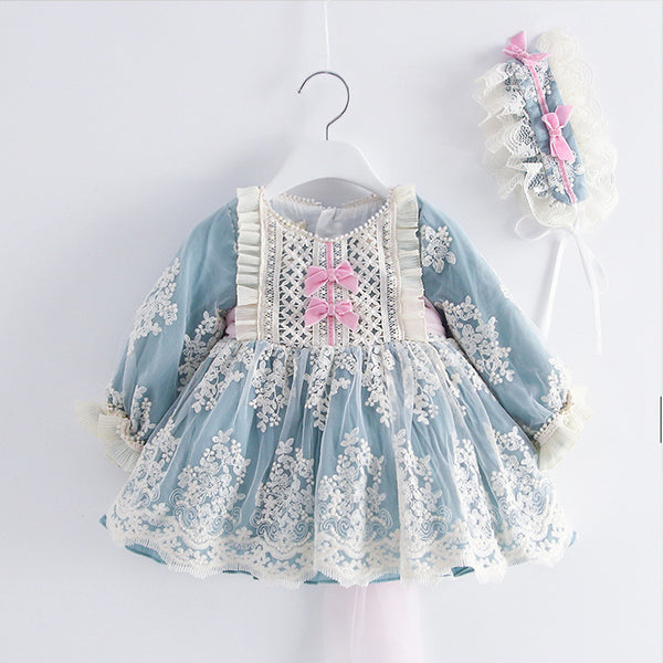 Toddler Prom Dress Little Girl Lolita Lace Floral Puff Communion Flower Girl Princess Dress, Light blue / 0-1 Year (80cm)