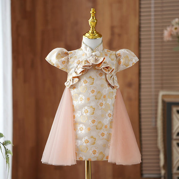 Flower Girl Dress Toddler Formal Pageant Communion Retro Print Princess Dress, Pink orange / 11-12 Years (160cm)