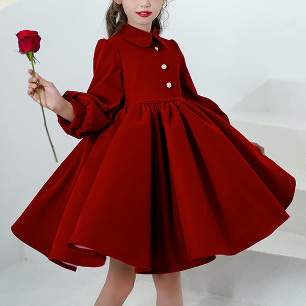 white christmas dresses Girl Christmas Dress Baby Girl Dress Toddler Winter Red Long Sleeve Doll Collar Pageant Princess Dress, Red / 5-6 Years (130cm)