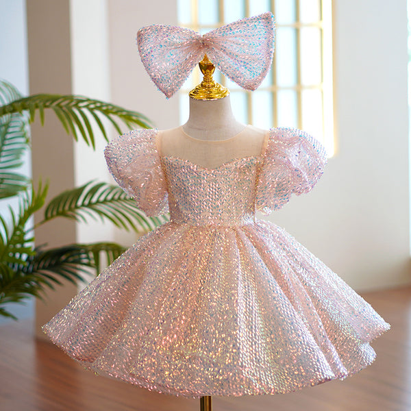 Baby Girl Pageant Princess Dresses Toddler Summer Elegant Pink Sequin Bow Birthday Party Dress Baby Girl Pageant Princess Dresses Toddler Summer Elegant Pink Sequin Bow Birthday Party Dress