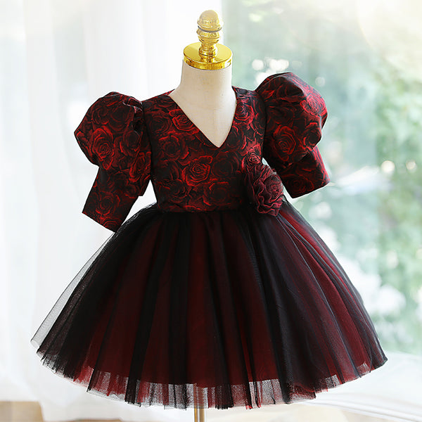 Elegant Girl Fluffy Wine Red Birthday Party Dress