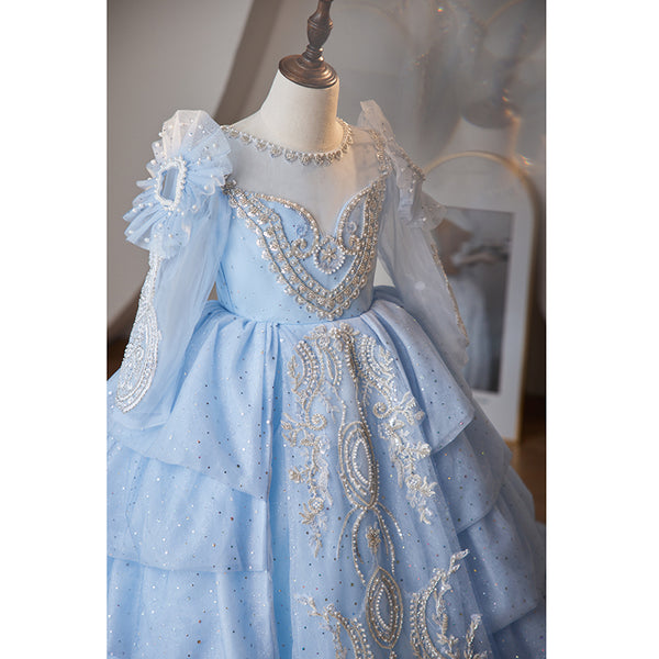 Toddler Communion Dress Girl Flower Formal Trailing Blue Sequins Princess Pageant Dress Toddler Communion Dress Girl Flower Formal Trailing Blue Sequins Princess Pageant Dress