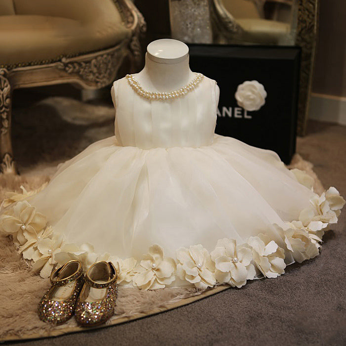 Toddler Baptism Dresses Baby Girl Beaded Round Neck Fluffy Flowers Girl Dress Princess Party Dress
