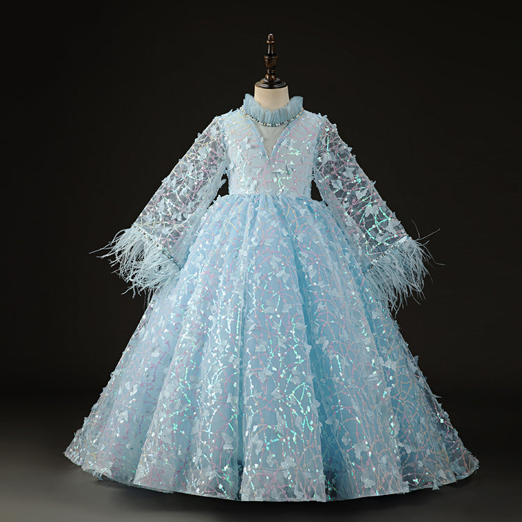 Elegant Baby Girl Blue Mesh Birthday Party Princess Dress