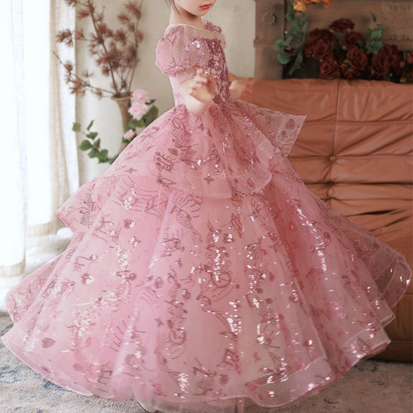 open lace back dress Toddler Girl Birthday Party Dress Summer Pink Sequin Puff Sleeve Princess Dress