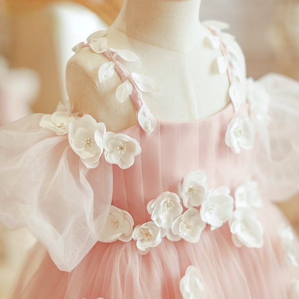 Elegant Baby Pink Mesh Prom Evening Dress Toddler Flower Girl Dress