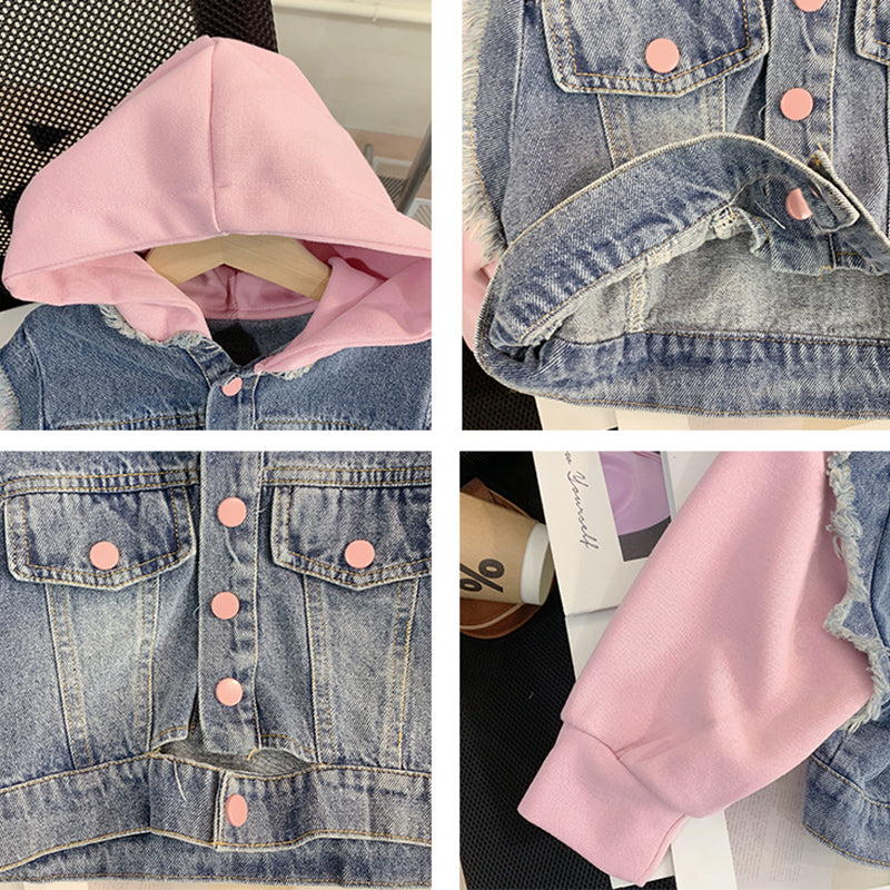 Cute Baby Girl Hooded Patchwork Denim Sweatshirt