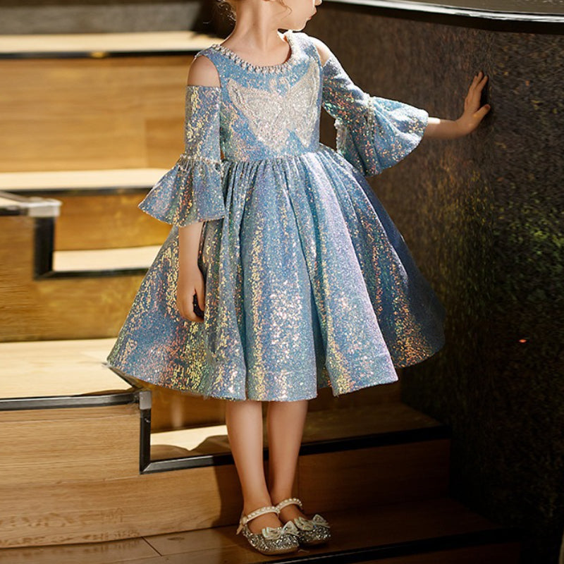 Girl Child Shoulder Cutout Trumpet Sleeve Pearl Sequins Princess Dress