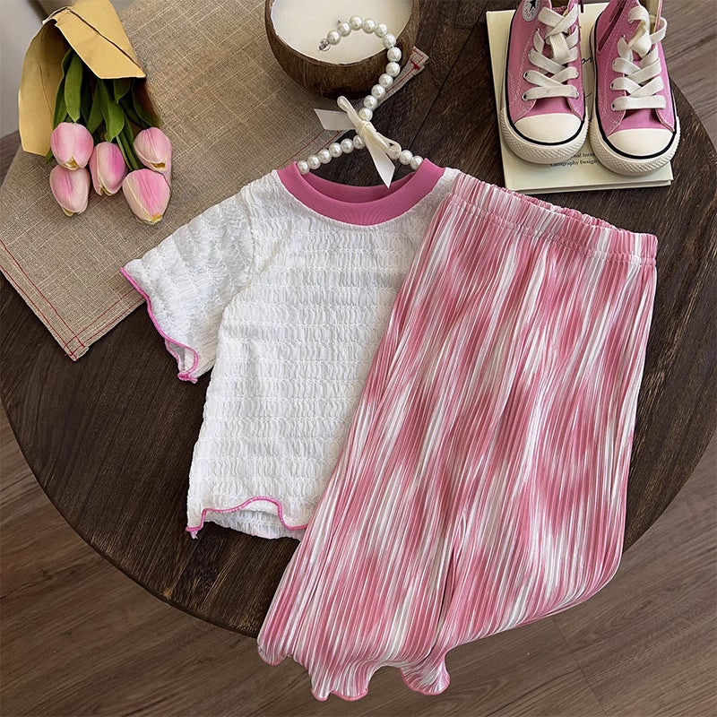 Baby Summer Thin Girls Ice Silk Top Pants Two Piece Set