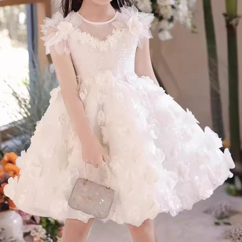 Girls Birthday Puff Princess Dress Flower Girl White Wedding Dress