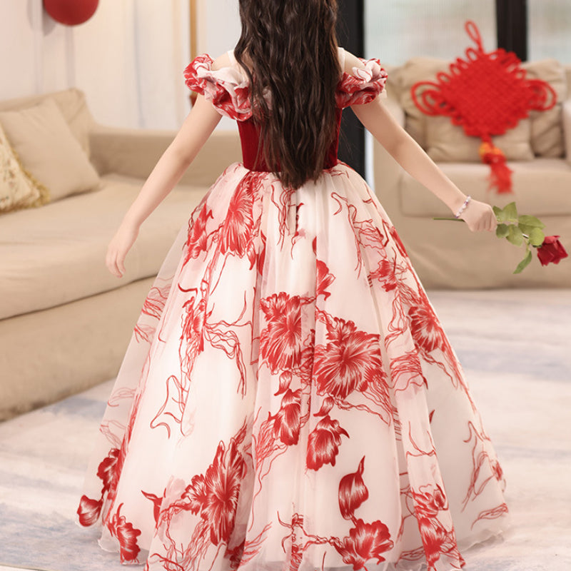 Girls Red Birthday Dress Girls Elegant Prom Princess Dress