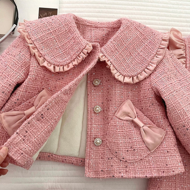 Girls' Winter Bow-Tie Coat Vest Dress Two-Piece Set