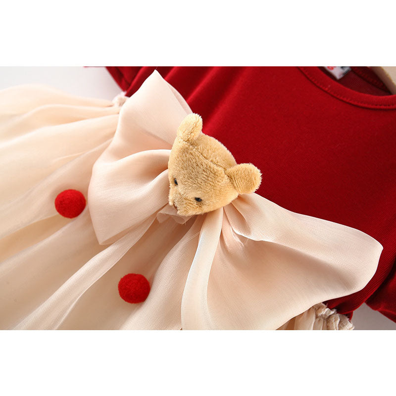 Baby Girl Cartoon Bear Bow Polka Dots Dress